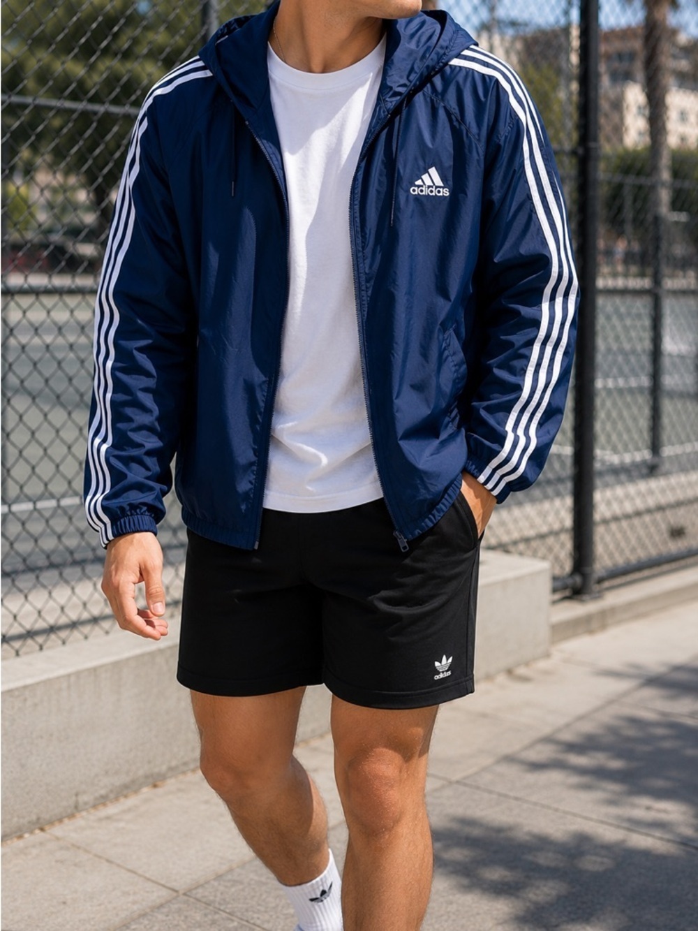 Adidas Royal Blue 3-Stripe Hooded Windbreaker Jacket